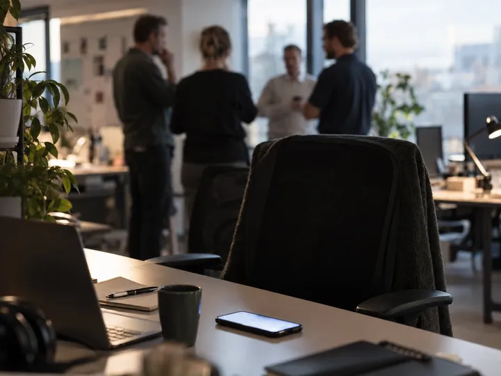 Kontor där en mobil lyser på ett skrivbord medan kollegor samlats i bakgrunden